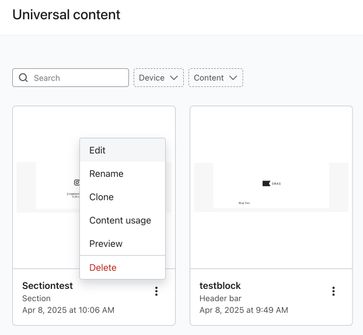 A piece of universal content block on the universal content page in Klaviyo with it's additional options menu open.