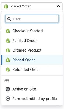 Placed Order filter options including Checkout Started, Fulfilled Order, Ordered Product, and Active on Site