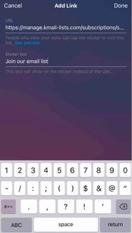 The Add Link menu on an example instagram story with the Subscribe page URL pasted in the URL text box. 