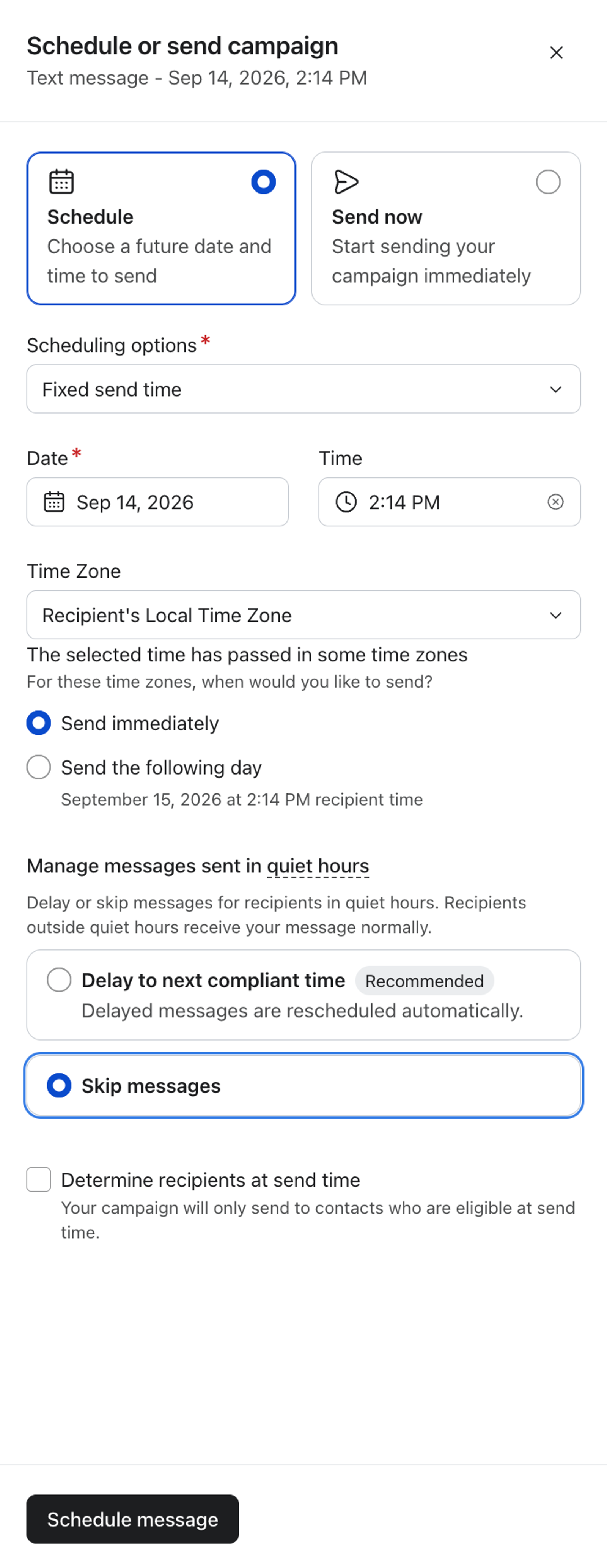 A form for scheduling a text message campaign for September 14, 2026, at 2:14 PM, with the option to skip messages during quiet hours selected.