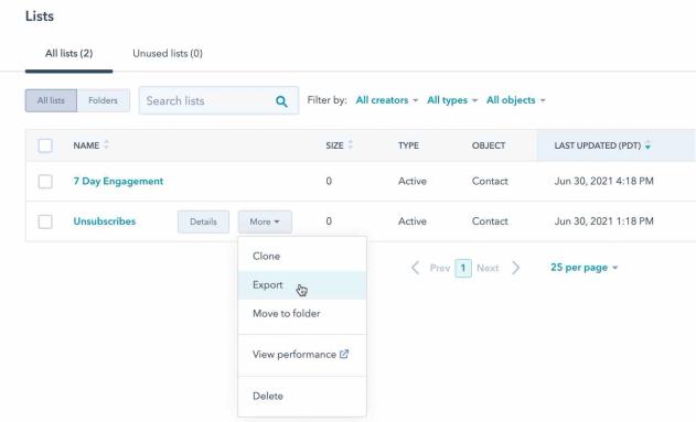 Unsubscribes list in Hubspot lists page with More dropdown open