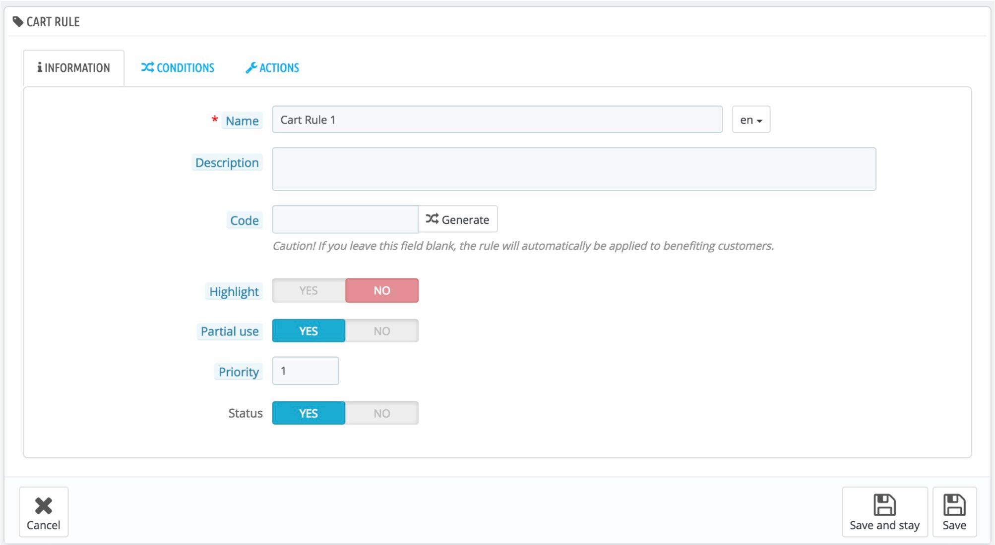 Create cart rule UI in PrestaShop