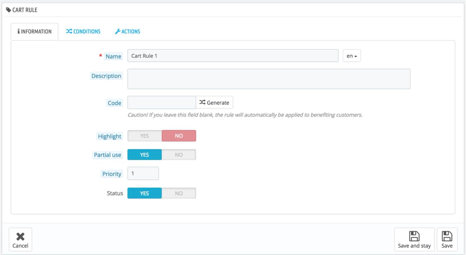Create cart rule UI in PrestaShop