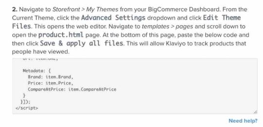 Klaviyo setup web tracking page step 2 showing viewed product code snippet in box