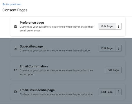 Selecting Edit page next to the Preference page tile on the Consent pages page.