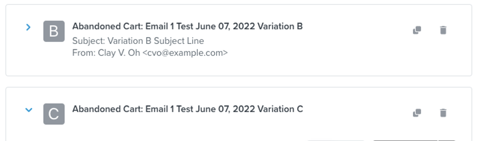 The cloned variation will appear below the original variations.