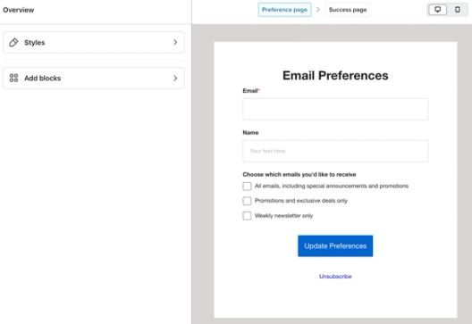 The editor for an example Preferences page showing the options to Add blocks or edit Styles.