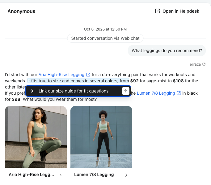 Agent message with a sentence highlighted and the Ask Composer prompt open