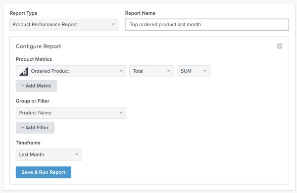 Example of a product performance report with ordered product in last 30 days