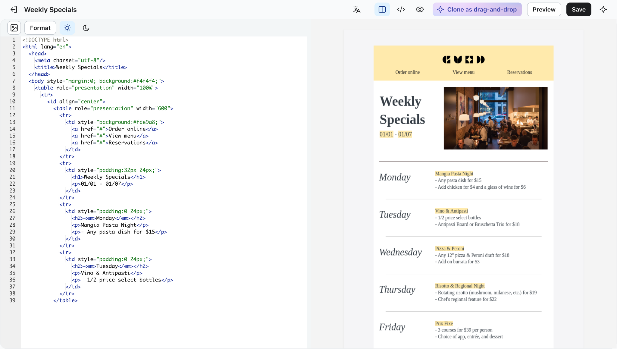 HTML editor with the Clone as drag-and-drop button next to Preview and Save