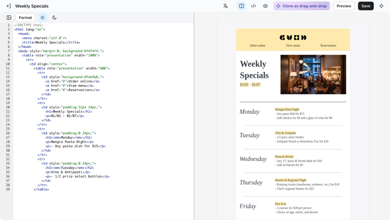 HTML editor with the Clone as drag-and-drop button next to Preview and Save
