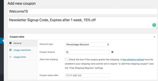 The data entry page when you create a new coupon where you can choose a discount type, name, and expiration date.