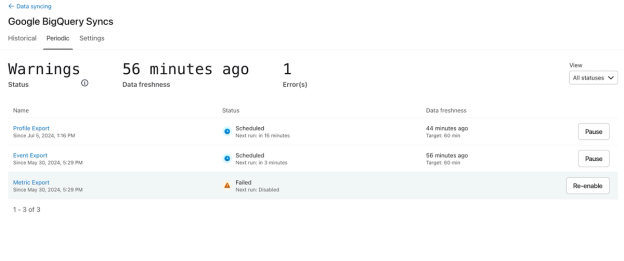 List of exports to warehouse with information about health and count of errors
