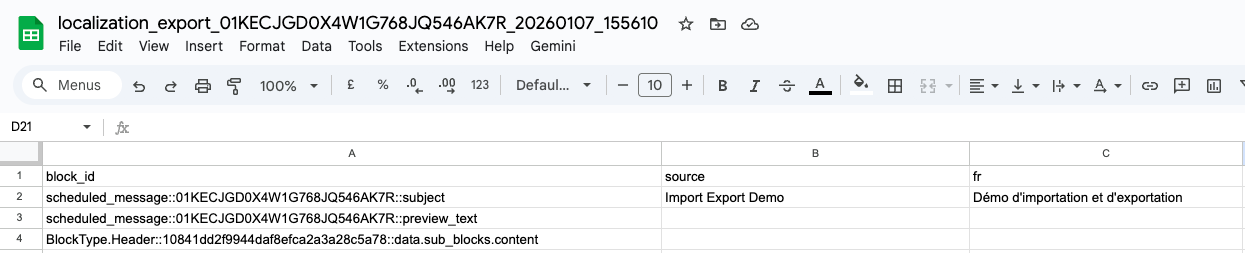 Sample translation CSV in Google sheets showing block_id, source, and language column for multiple rows.