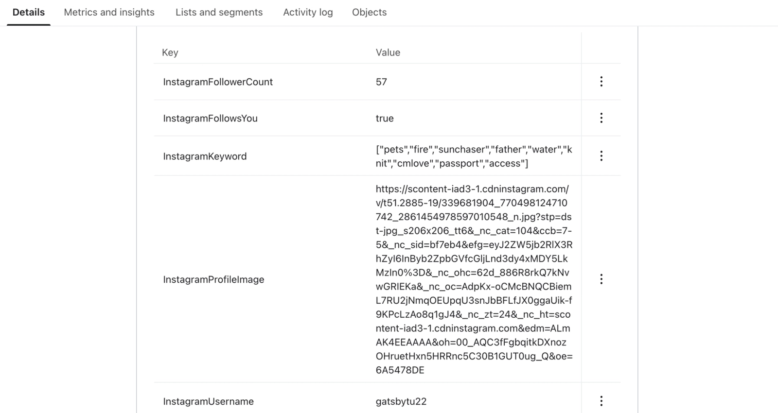 A screenshot showing a table of Instagram account details, including 57 followers, keywords, and the username "gatsbytu22".