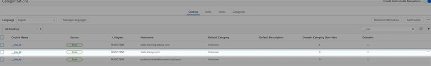 On the Categorizations page, the __kla_id cookie option highlighted in a list view