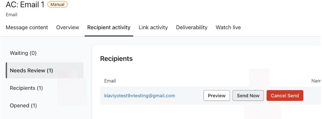 The Needs Review tab open under showing the option to Send Now being selected.