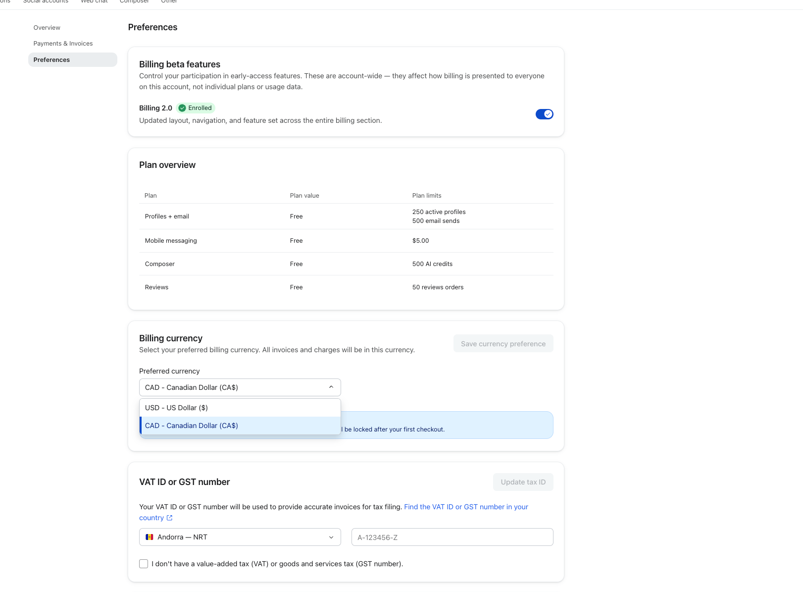A preferences page with the billing currency dropdown open, highlighting Canadian Dollar (CAD).