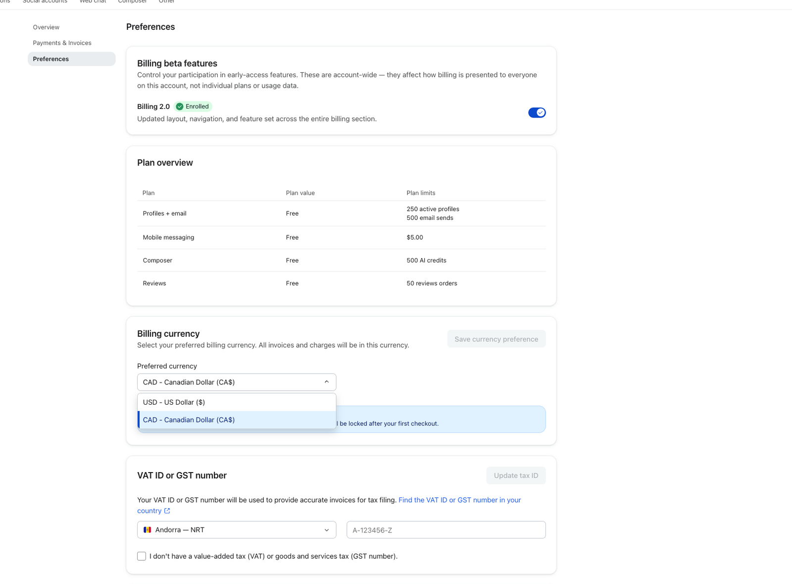 A preferences page with the billing currency dropdown open, highlighting Canadian Dollar (CAD).