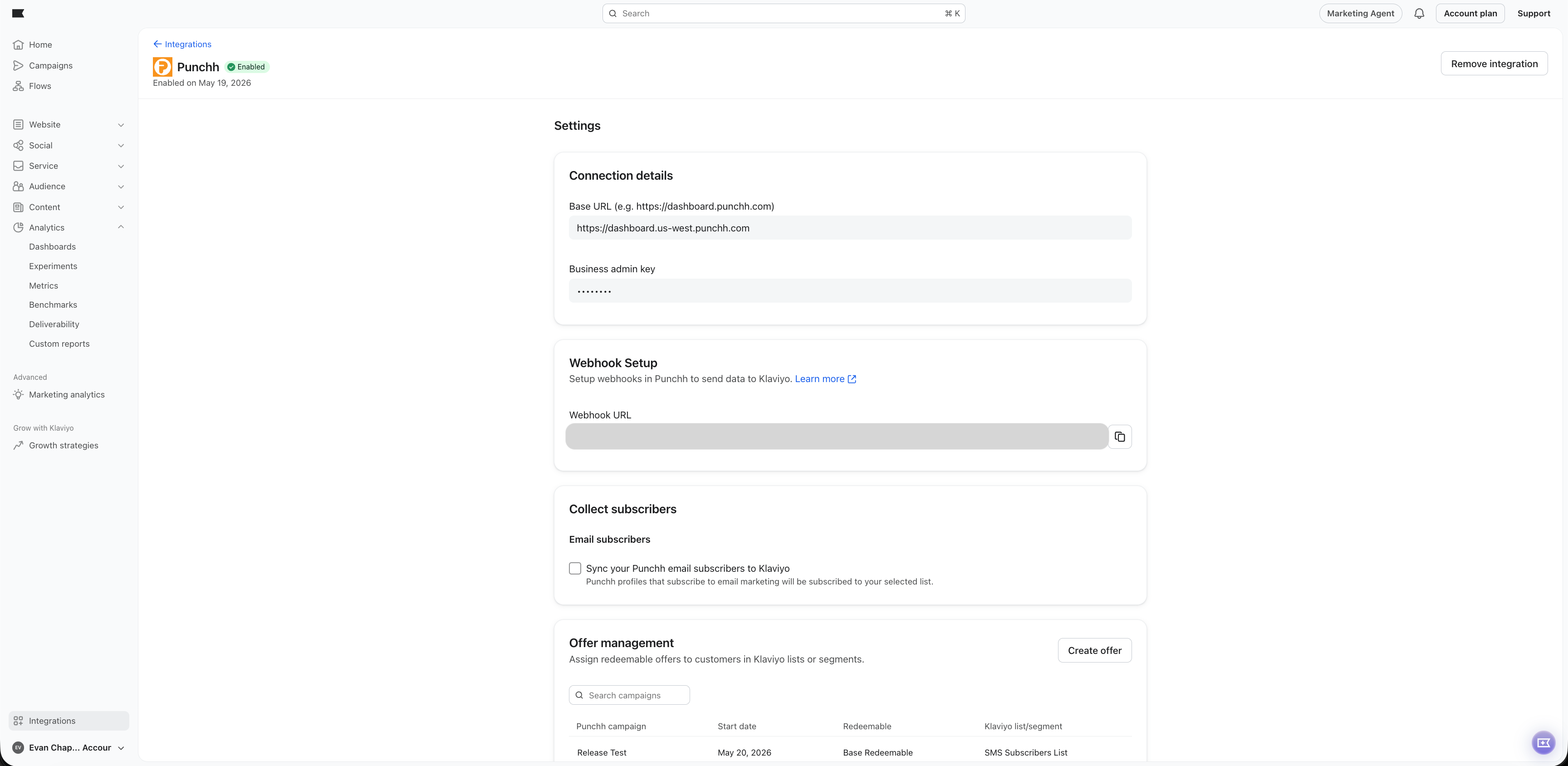 Punchh integration settings page showing connection details, webhook setup, subscriber sync, and offer management.