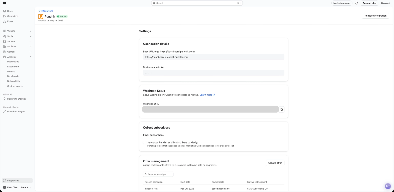 Punchh integration settings page showing connection details, webhook setup, subscriber sync, and offer management.