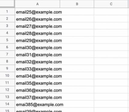 Spreadsheet of sample email addresses