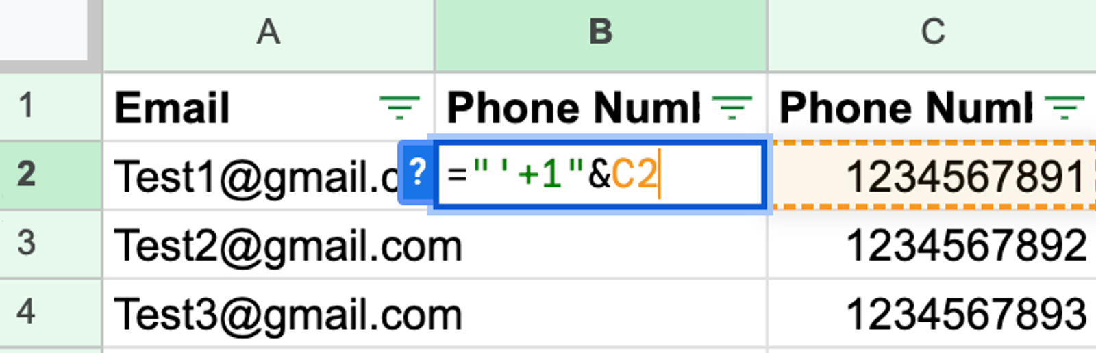 Adding in a formula to combine an apostrophe, plus sign, and the country code with the phone number