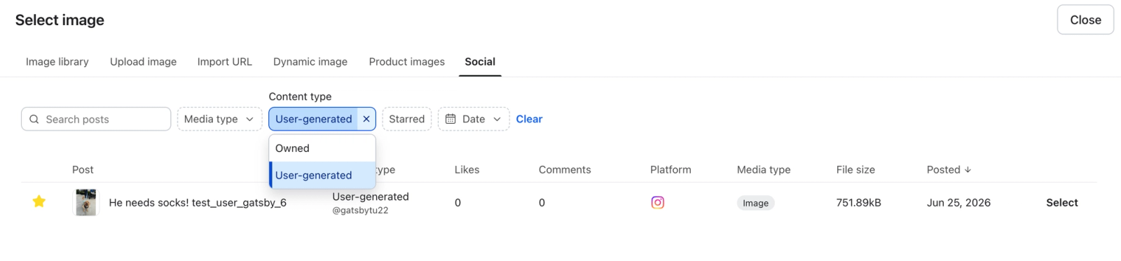 Select image dialog showing social media posts, with "User-generated" content type filter active.