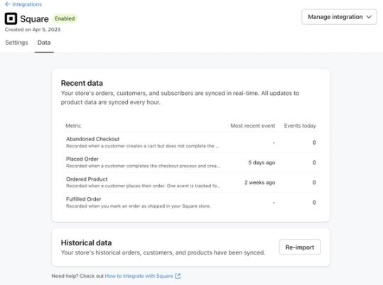 The Data page in Klaviyo showing Recent data from Square and the option to Re-import.