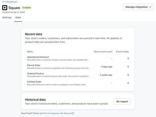 The Data page in Klaviyo showing Recent data from Square and the option to Re-import.