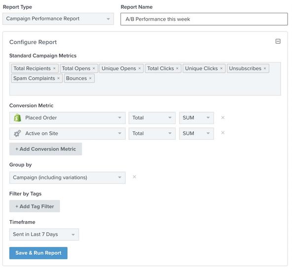 Example of a campaign performance report with standard campaign metrics, placed order, active on site, grouped by campaign in last 7 days