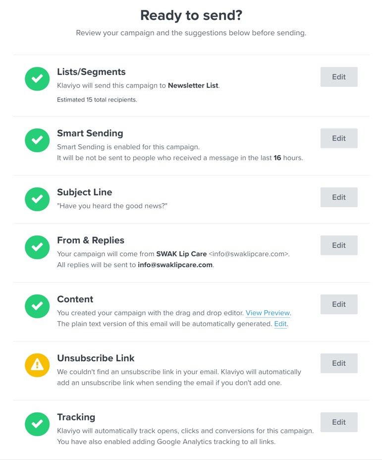 Error en la pantalla de envío de la campaña porque no hay enlace para darse de baja