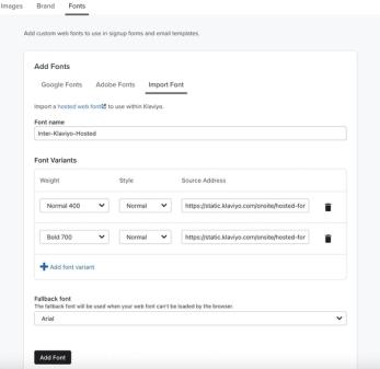 Importing a font has multiple variants prompts you to fill in the details and URL for each one.