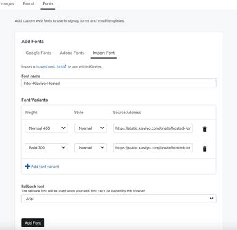 Importing a font has multiple variants prompts you to fill in the details and URL for each one.