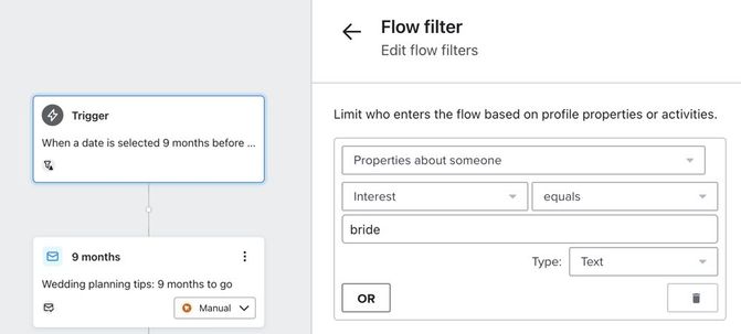 A trigger with the configuration 'Start 9 months before person's Wedding at 12:00p' has the filter 'Interest equals Bride'.