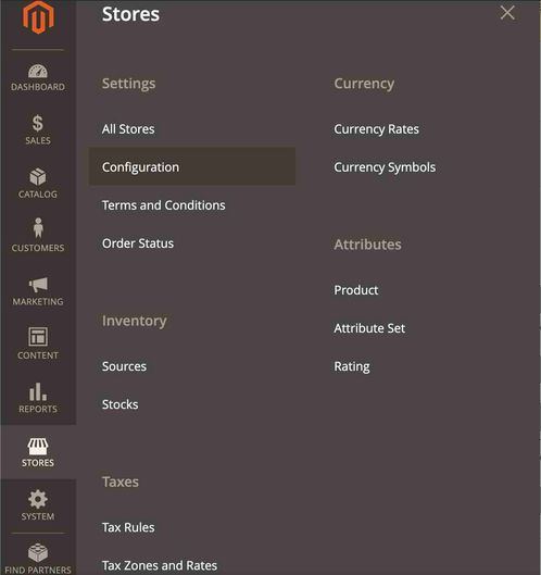 Configuration highlighted in Magento's navigation