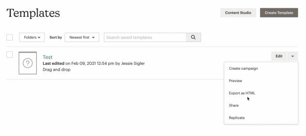 In Mailchimp’s Templates, Edit menu is selected on right-hand side of page for desired template, with mouse hovering over Export as HTML optio