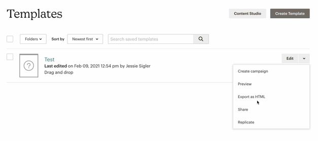 In Mailchimp’s Templates, Edit menu is selected on right-hand side of page for desired template, with mouse hovering over Export as HTML optio