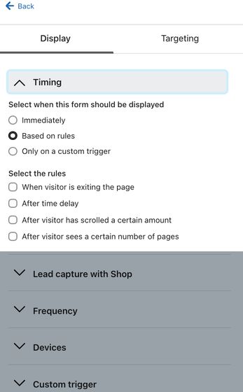 The Based on rules option selected in the Timing section of the Targeting and behaviors tab of the form editor.