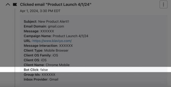 Bot click event data within Clicked email event in Klaviyo