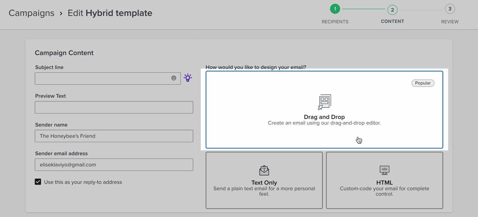 The drag and drop email option