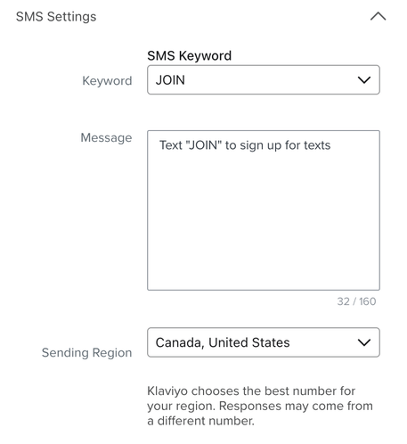 Choosing Canada and the United States as the sending region for a tap-to-text    form