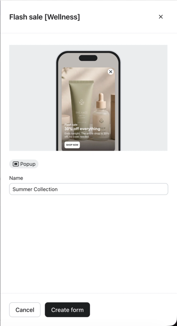 The preview modal that appears when you select a form template and allows you to choose a name and submit list for your form.