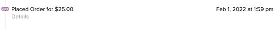 WooCommerce Placed Order metric with Details in light gray and timestamp