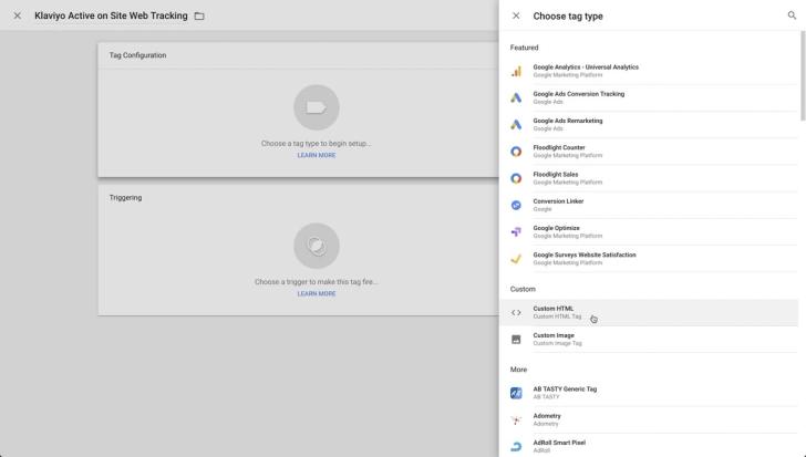 Within your site's workspace opening up the choose tag type menu and selecting custom html