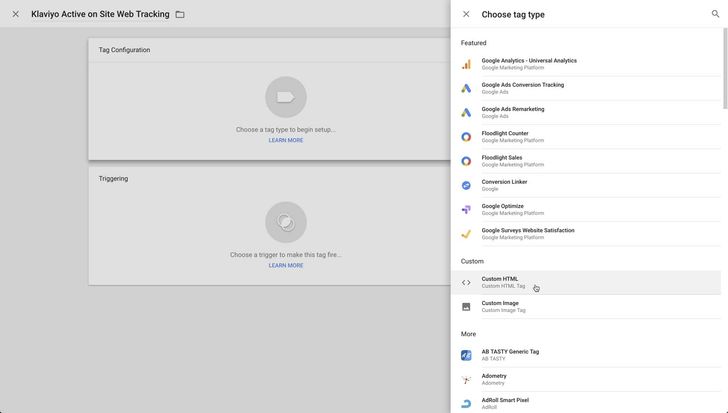 Within your site's workspace opening up the choose tag type menu and selecting custom html
