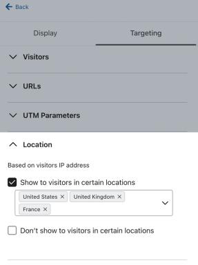 The Location section on the Targeting tab showing an example form set to Only show in the United States and United Kingdom.
