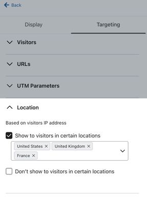 The Location section on the Targeting tab showing an example form set to Only show in the United States and United Kingdom.