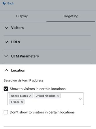 The Location section on the Targeting tab showing an example form set to Only show in the United States and United Kingdom.