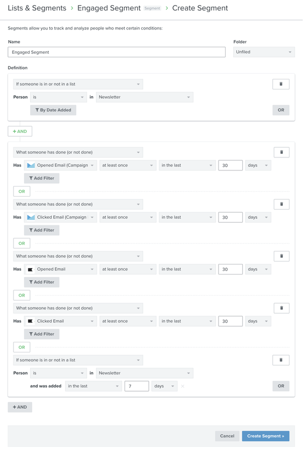Klaviyo segment builder with engaged segment definition for Campaign Monitor, Create segment button with blue background